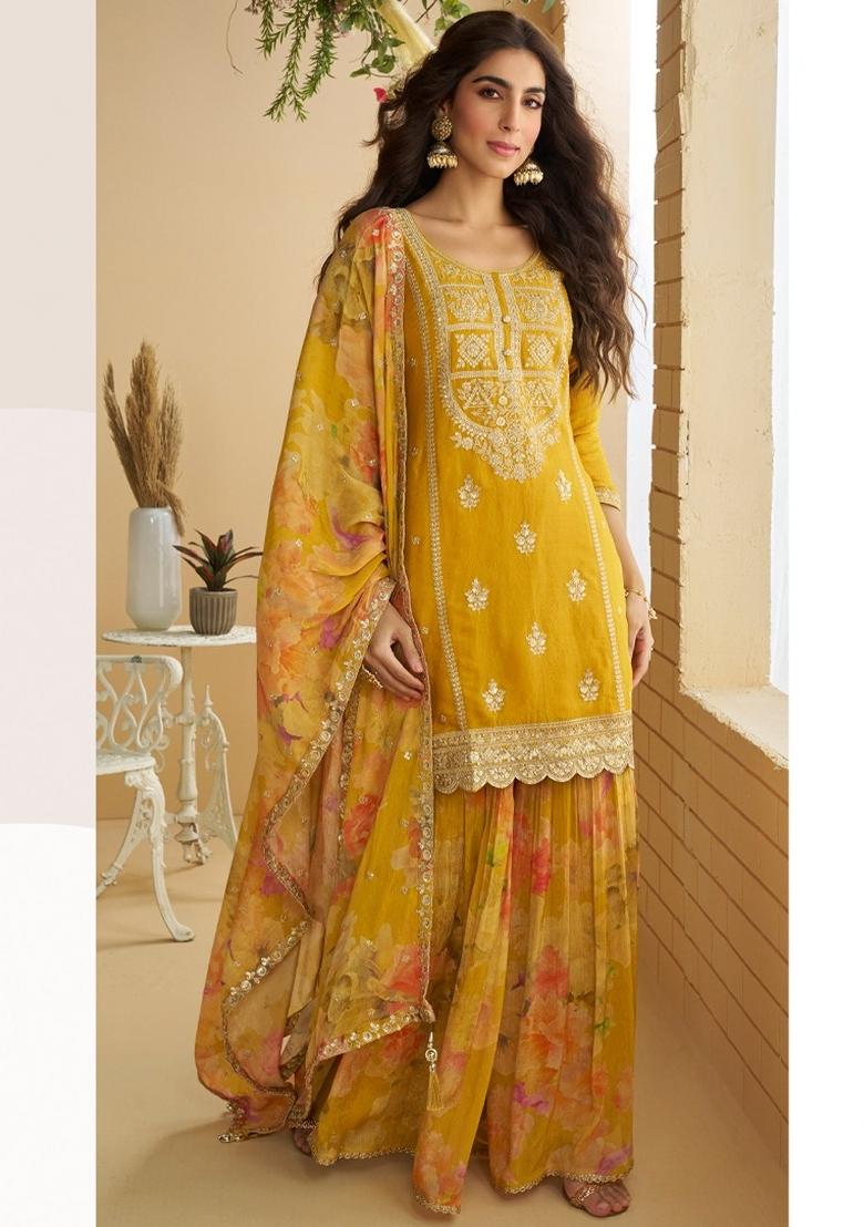 Yellow Embroidered Chinon Kurta Set - Indya