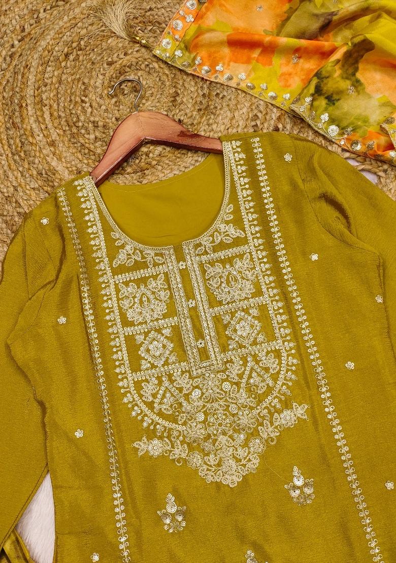 Yellow Embroidered Chinon Kurta Set - Indya