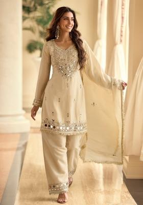 Off White Mirror Work Silk Blend Kurta Set