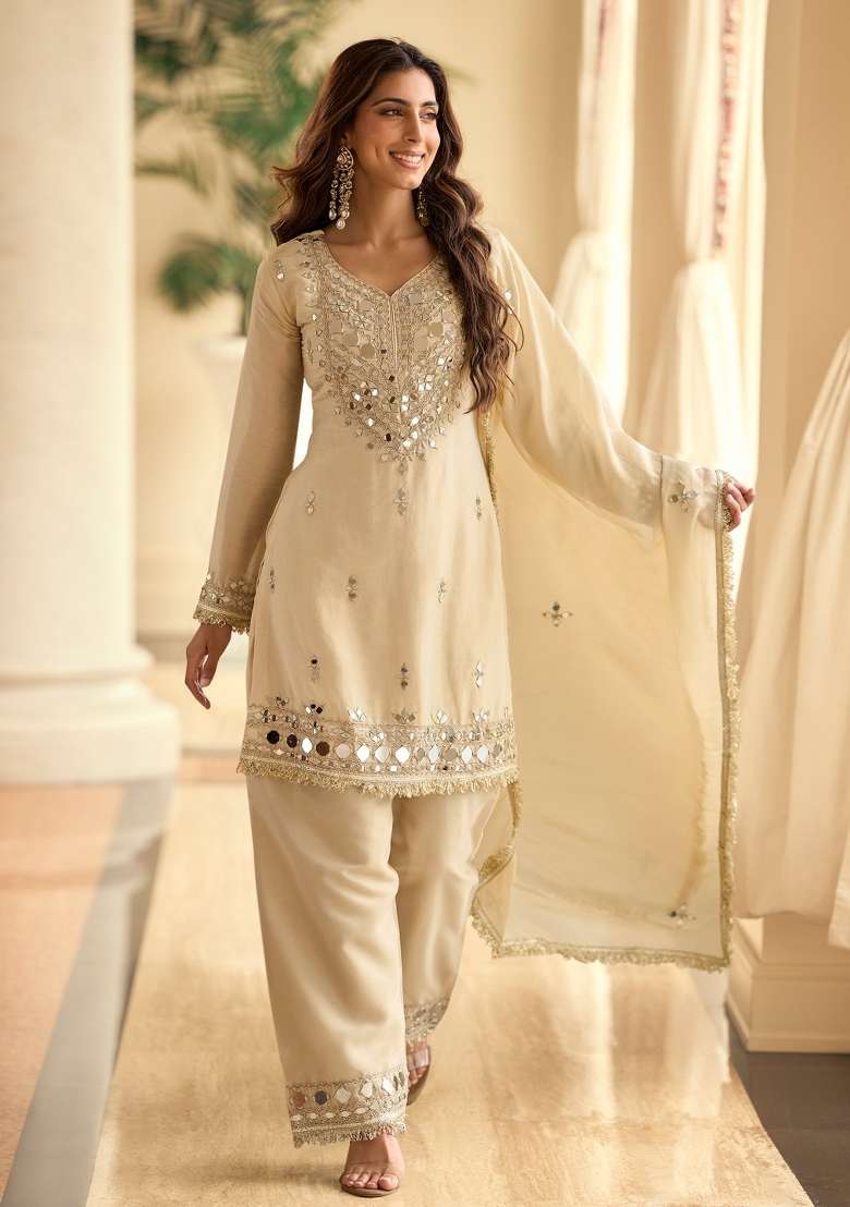 Off White Mirror Work Silk Blend Kurta Set - Indya