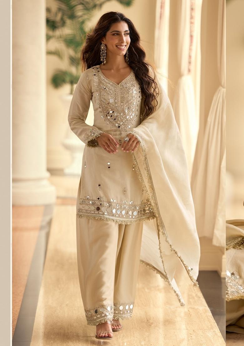 Off White Mirror Work Silk Blend Kurta Set - Indya