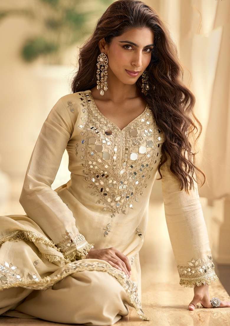 Off White Mirror Work Silk Blend Kurta Set - Indya