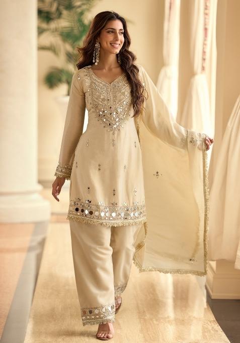 Off White Mirror Work Silk Blend Kurta Set