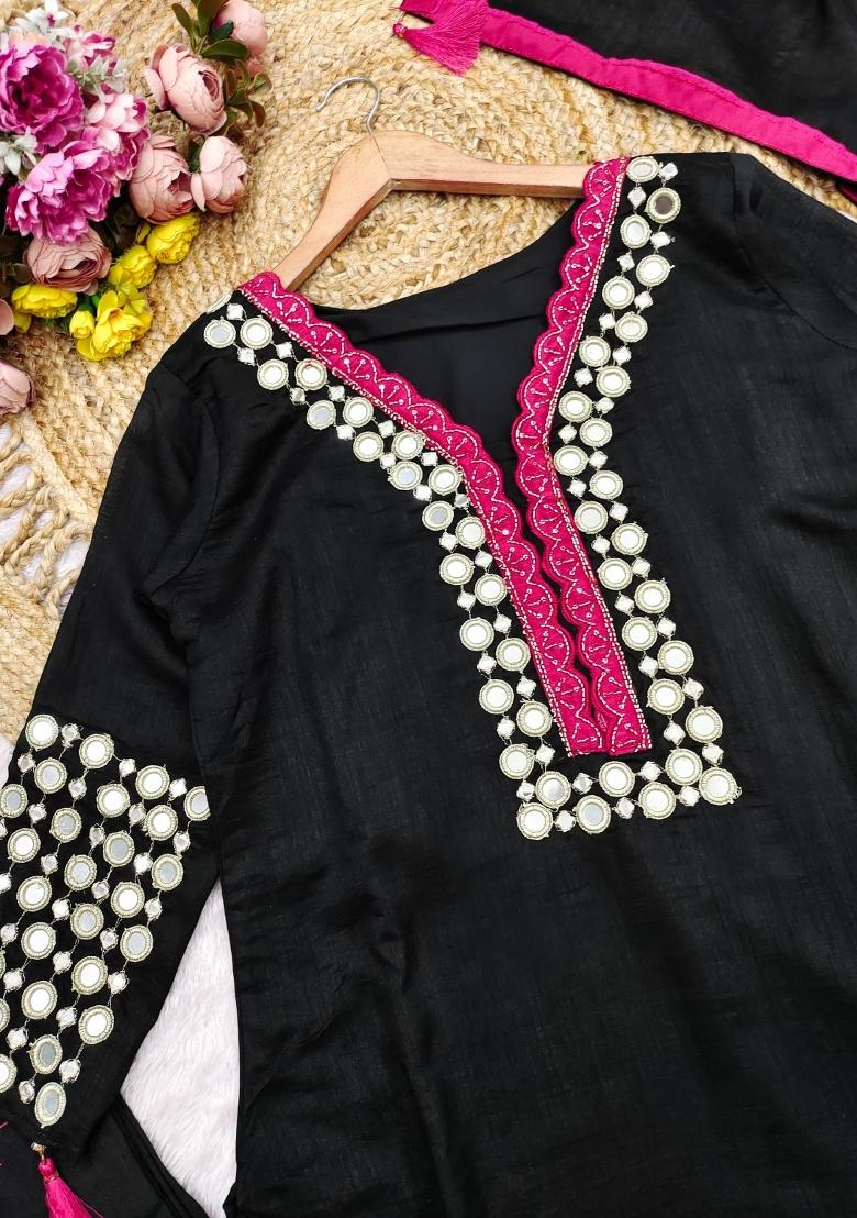 Black Mirror Work Silk Blend Kurta Set - Indya