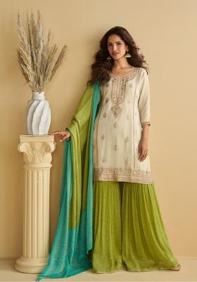 Cream Embroidered Silk Blend Kurta Set