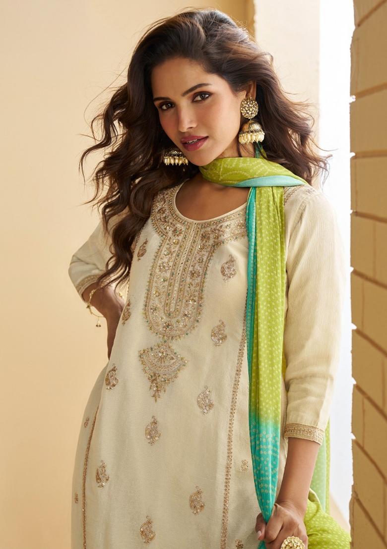Cream Embroidered Silk Blend Kurta Set - Indya