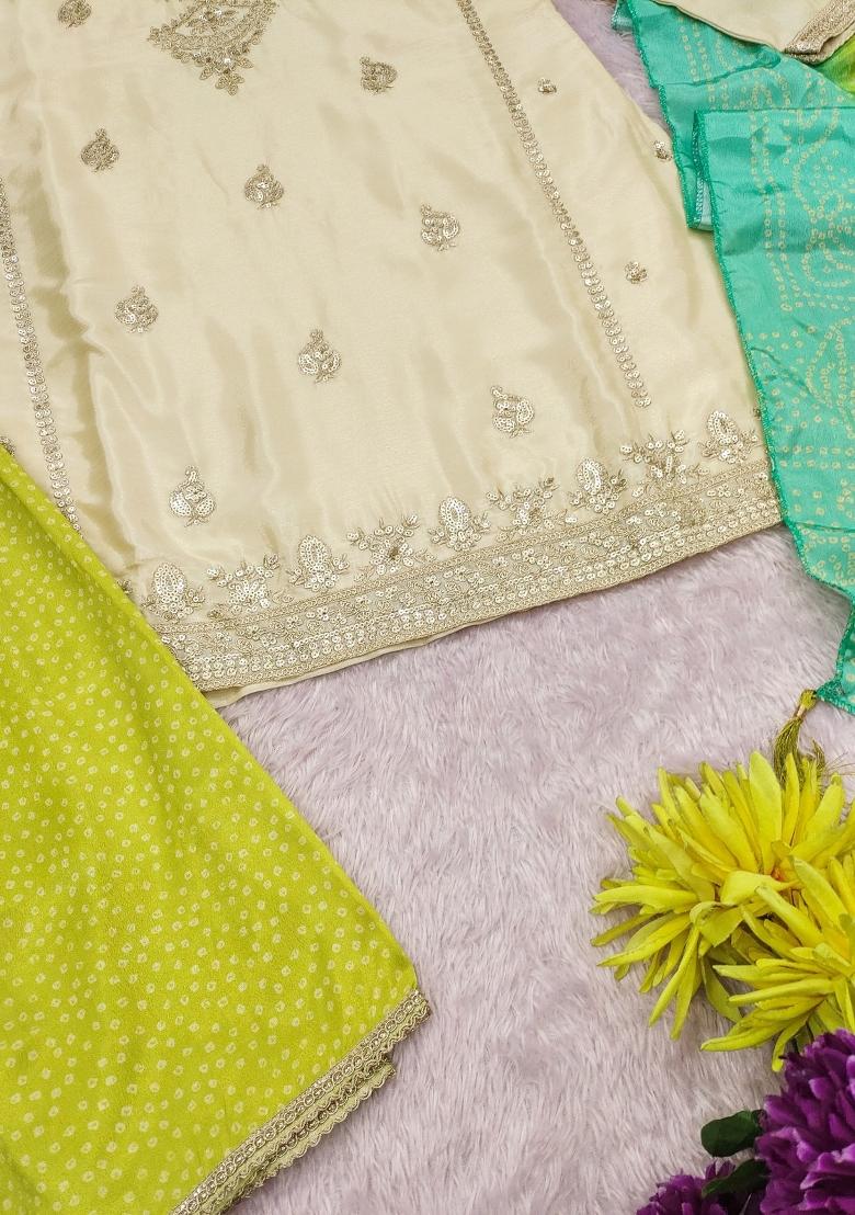 Cream Embroidered Silk Blend Kurta Set - Indya