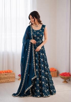 Blue Embroidered Silk Blend Anarkali Set