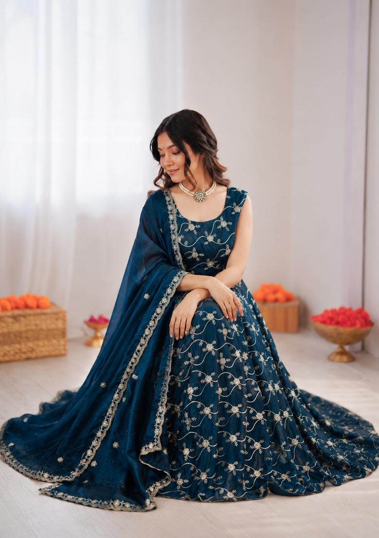Blue Embroidered Silk Blend Anarkali Set - Indya