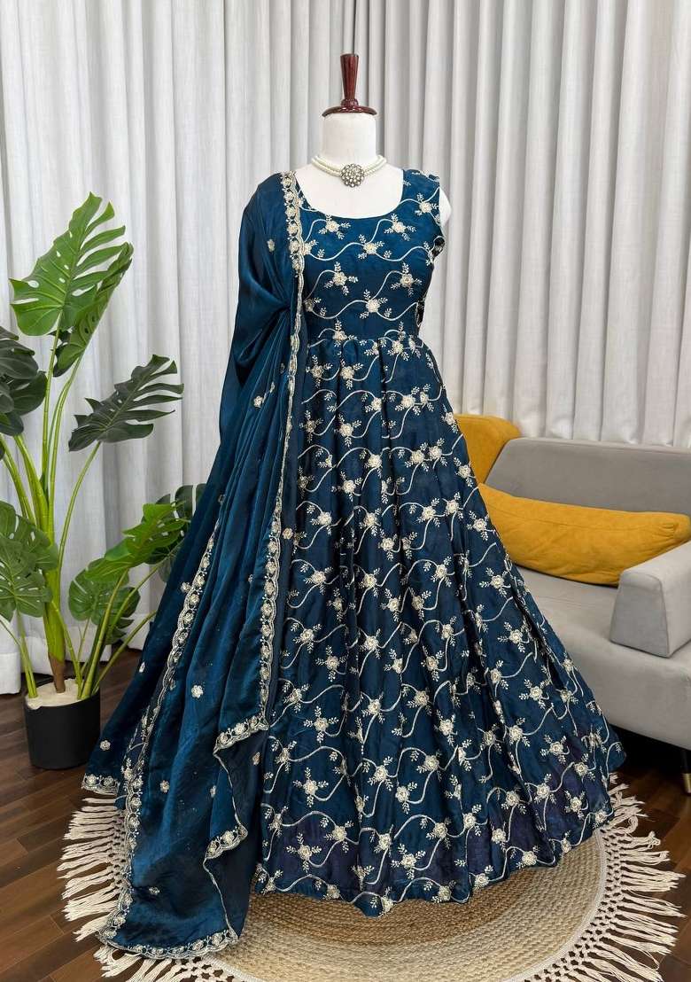 Blue Embroidered Silk Blend Anarkali Set - Indya