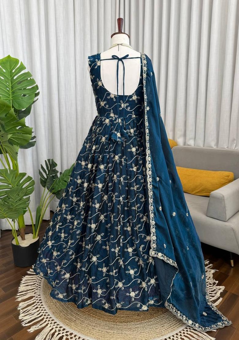Blue Embroidered Silk Blend Anarkali Set - Indya