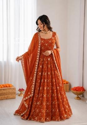 Orange Embroidered Silk Blend Anarkali Set