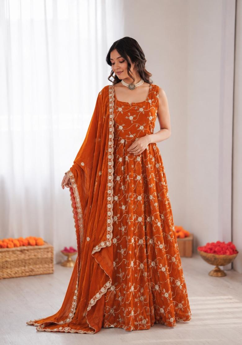 Orange Embroidered Silk Blend Anarkali Set - Indya