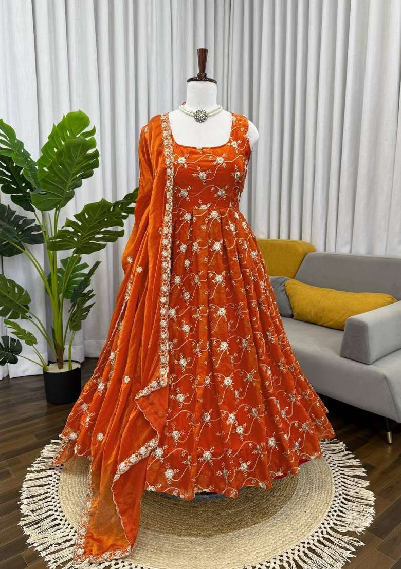 Orange Embroidered Silk Blend Anarkali Set - Indya