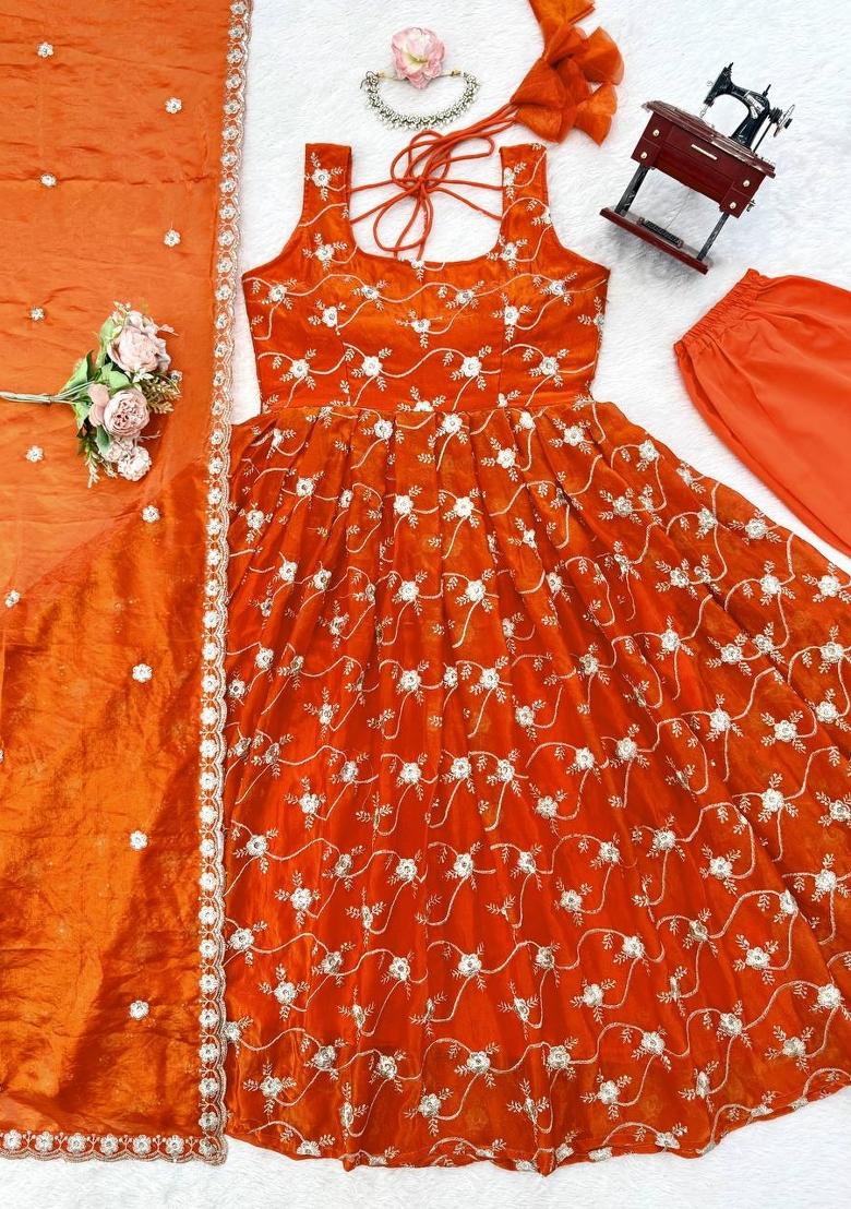 Orange Embroidered Silk Blend Anarkali Set - Indya