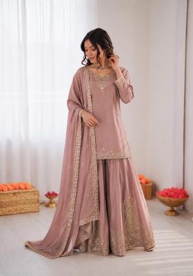 Onion Pink Embroidered Crepe Pakistani Suit Set