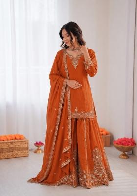 Orange Embroidered Crepe Pakistani Suit Set