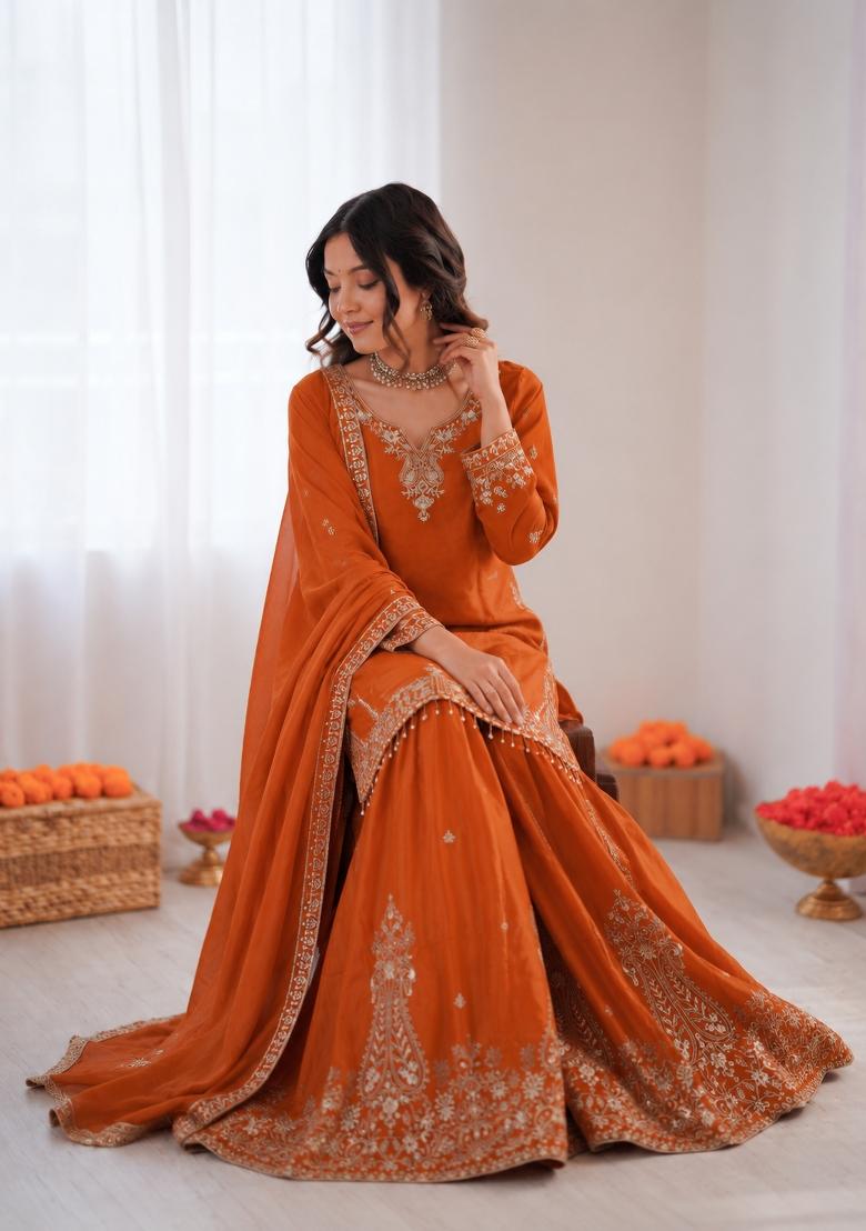 Orange Embroidered Crepe Pakistani Suit Set - Indya
