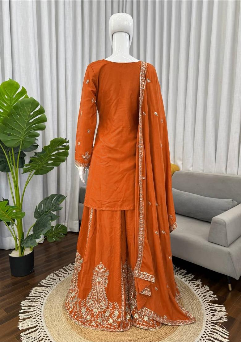 Orange Embroidered Crepe Pakistani Suit Set - Indya