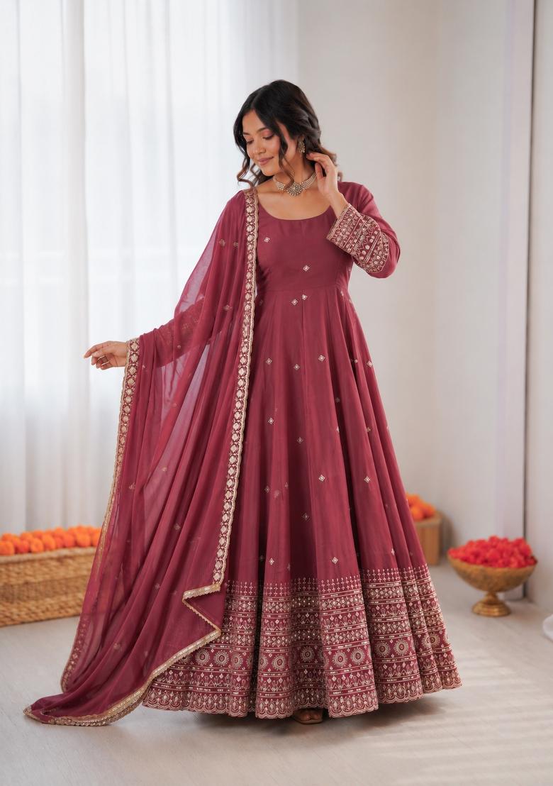Onion Pink Embroidered Silk Blend Anarkali Set - Indya