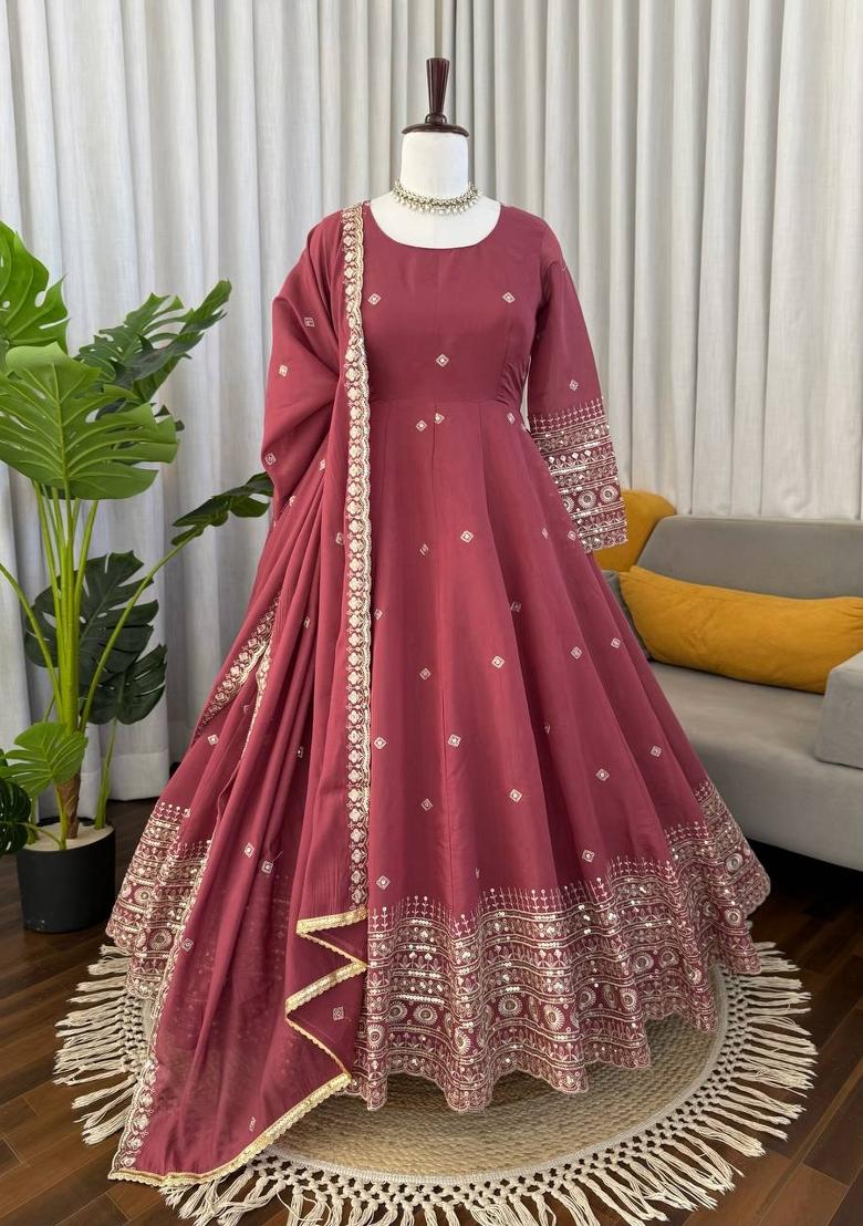 Onion Pink Embroidered Silk Blend Anarkali Set - Indya