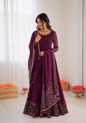Wine Embroidered Georgette Anarkali Set