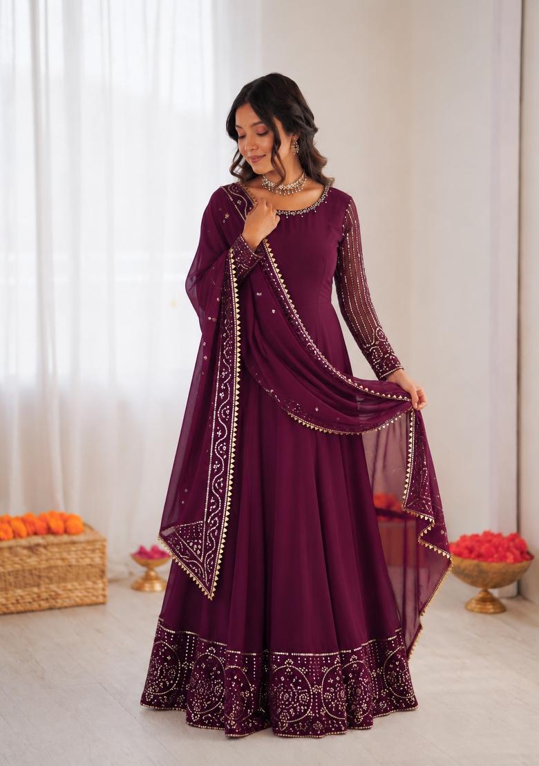 Wine Embroidered Georgette Anarkali Set - Indya