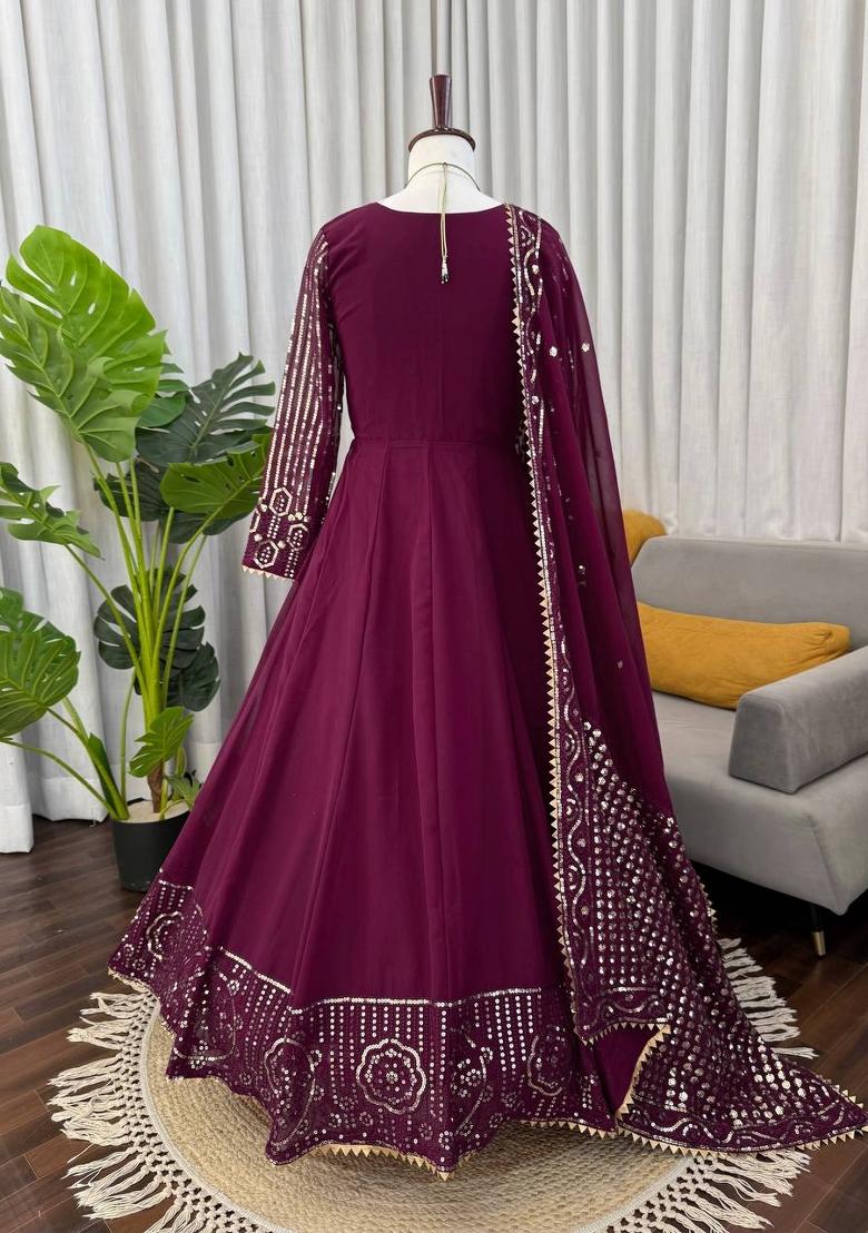 Wine Embroidered Georgette Anarkali Set - Indya