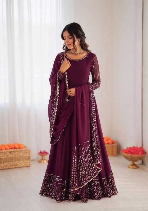 Wine Embroidered Georgette Anarkali Set