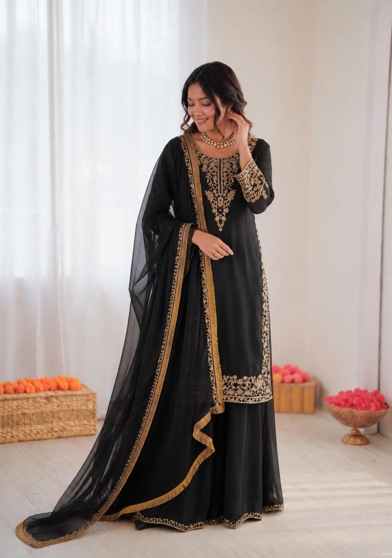 Black Embroidered Georgette Pakistani Suit Set - Indya