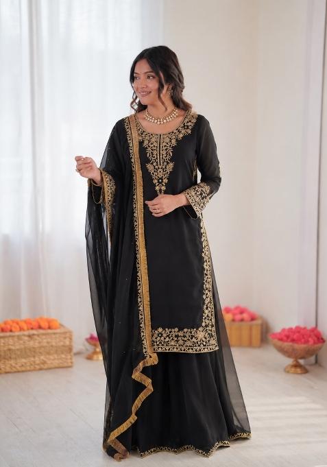 Black Embroidered Georgette Pakistani Suit Set
