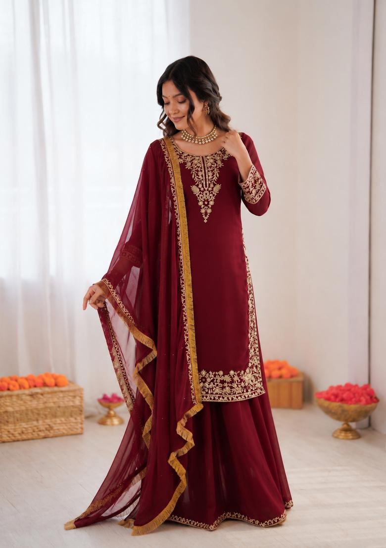 Maroon Embroidered Georgette Pakistani Suit Set - Indya