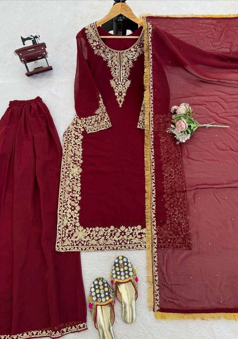 Maroon Embroidered Georgette Pakistani Suit Set - Indya