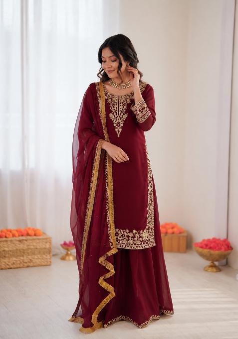 Maroon Embroidered Georgette Pakistani Suit Set