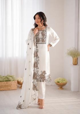 Off White Embroidered Silk Pakistani Suit Set