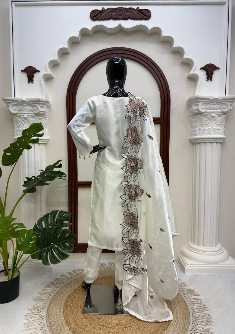 Off White Embroidered Silk Pakistani Suit Set - Indya