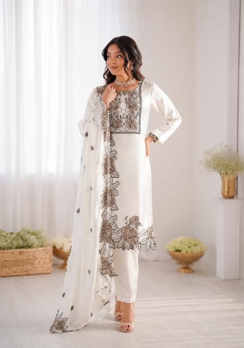 Off White Embroidered Silk Pakistani Suit Set