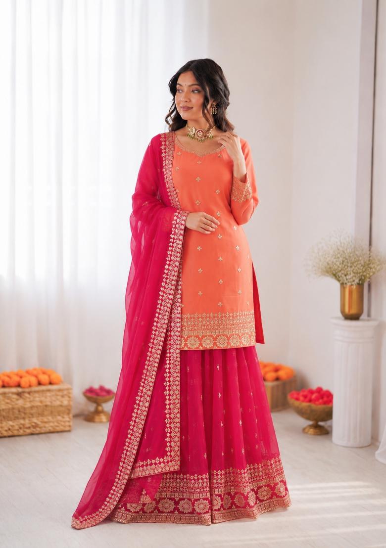 Pink Embroidered Georgette Pakistani Suit Set - Indya