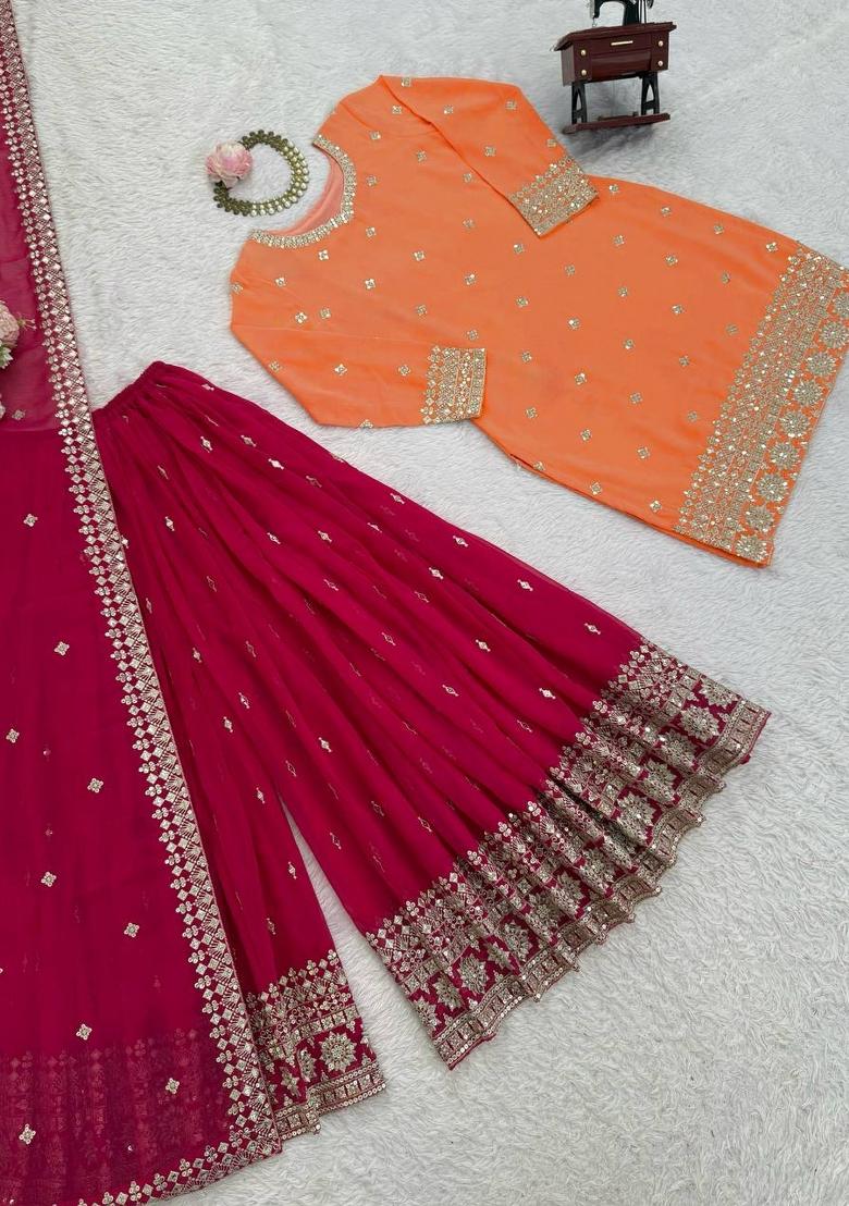Pink Embroidered Georgette Pakistani Suit Set - Indya