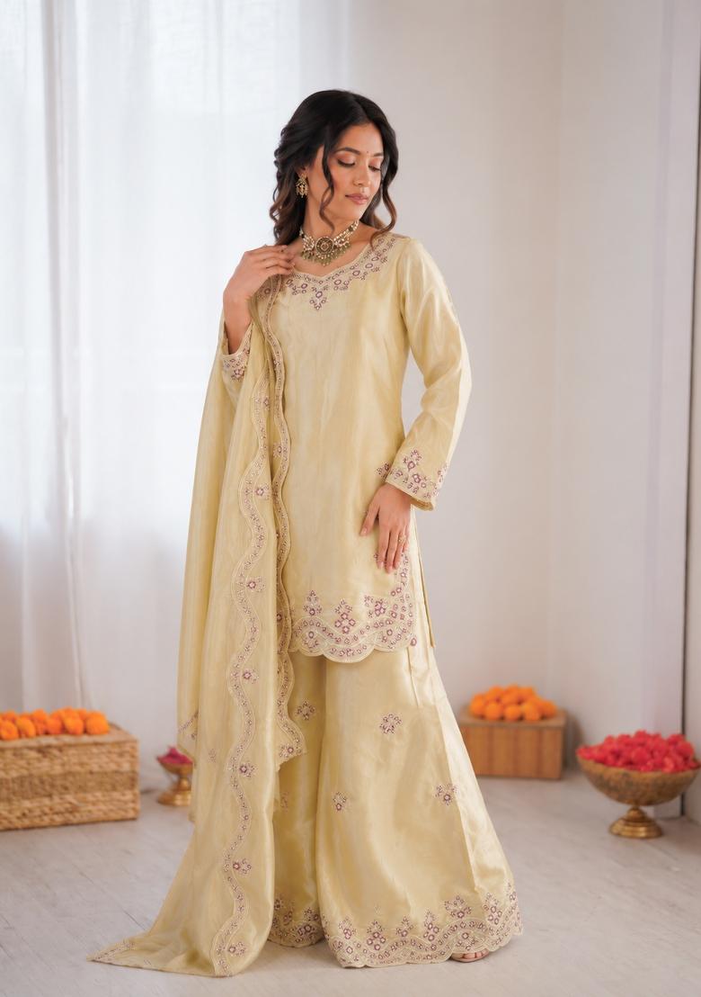 Cream Embroidered Silk Pakistani Suit Set - Indya