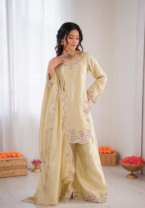 Cream Embroidered Silk Pakistani Suit Set