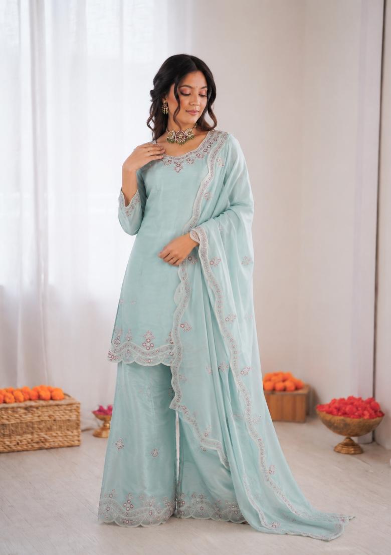 Sky Blue Embroidered Silk Pakistani Suit Set - Indya