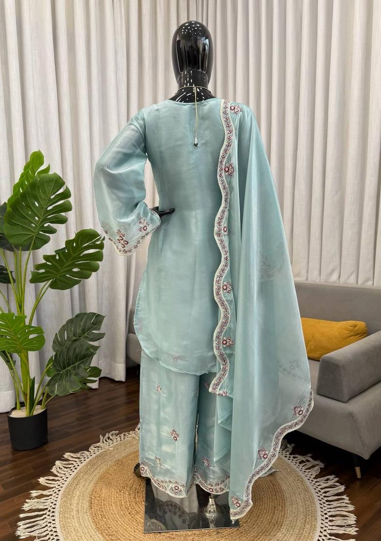 Sky Blue Embroidered Silk Pakistani Suit Set - Indya