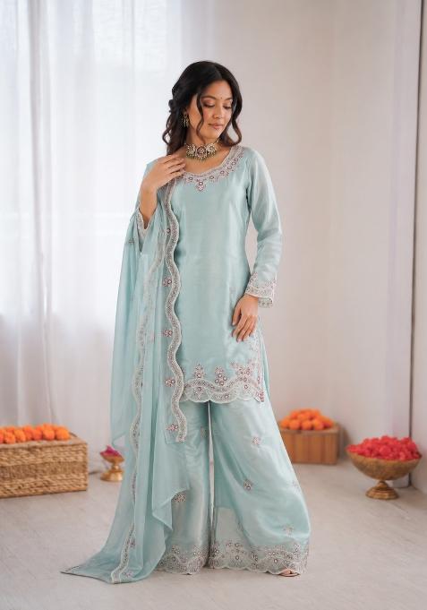 Sky Blue Embroidered Silk Pakistani Suit Set