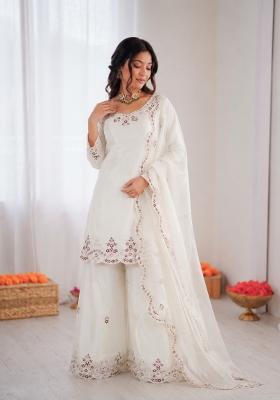 Off White Embroidered Silk Pakistani Suit Set