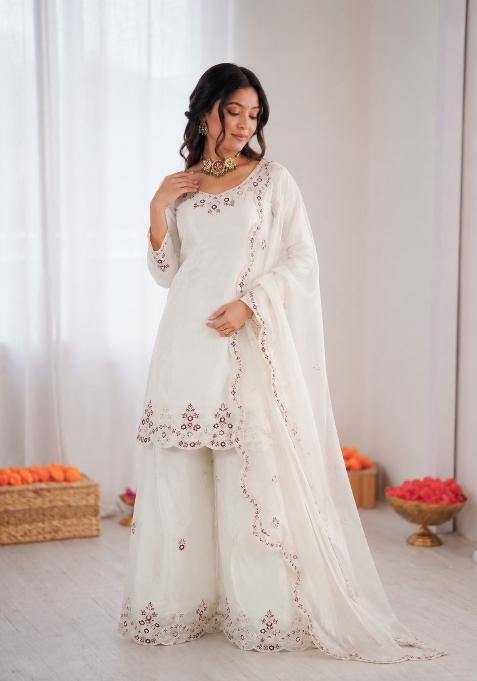 Off White Embroidered Silk Pakistani Suit Set