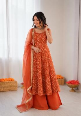 Orange Embroidered Georgette Pakistani Suit Set