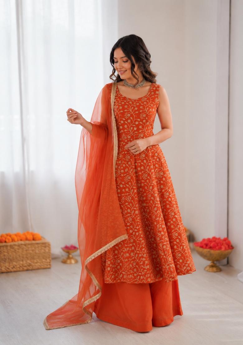 Orange Embroidered Georgette Pakistani Suit Set - Indya
