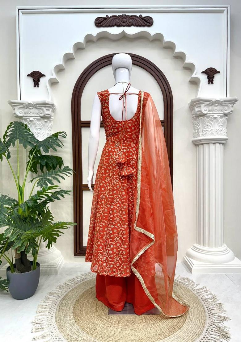 Orange Embroidered Georgette Pakistani Suit Set - Indya