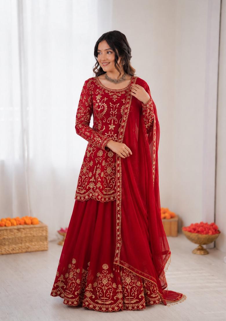 Red Embroidered Georgette Pakistani Suit Set - Indya